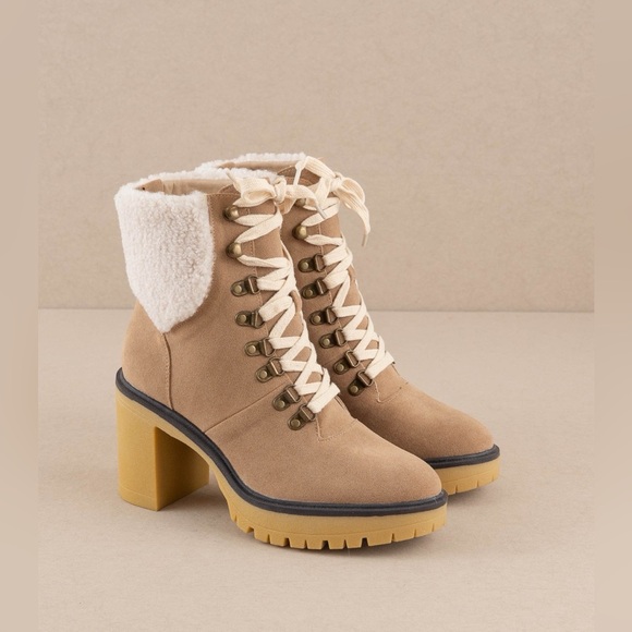 Heeled Platform Lace Up Sherpa Boots - Oasis Society - Picture 1 of 4